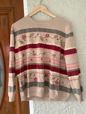 Alfred Dunner Beige Floral Striped Crewneck Sweater with Pink & Burgundy Accents